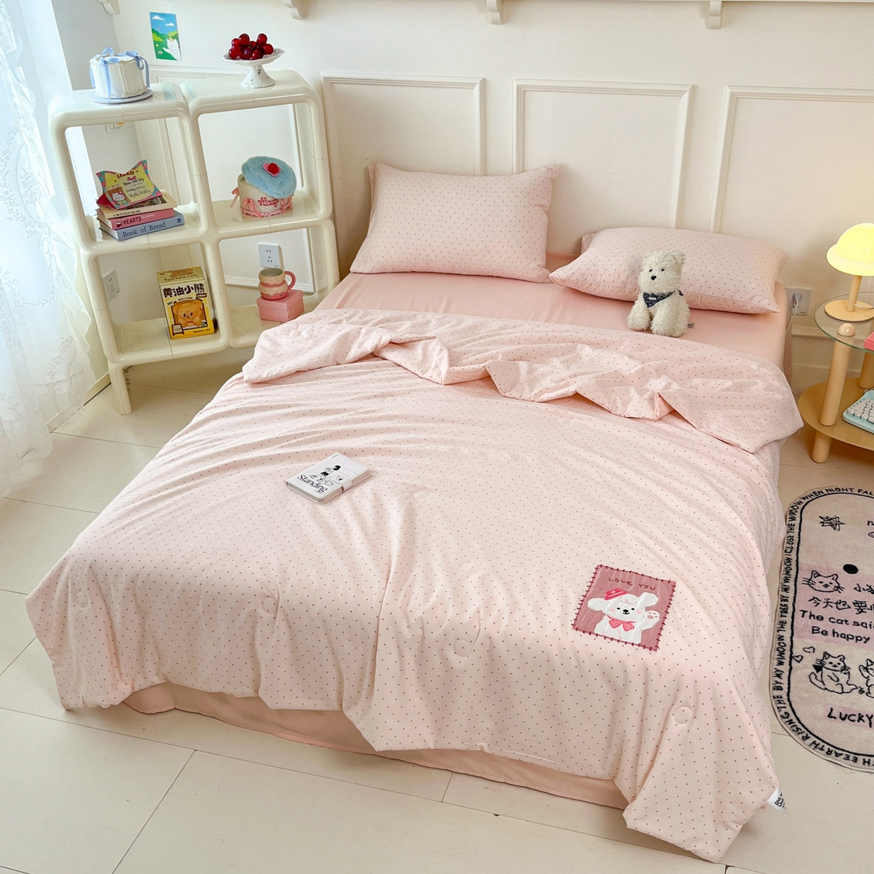 91家纺网 家纺一手货源 找家纺 一加一 2026春夏新款云小棉贴布绣花大豆夏凉被空调被夏被四件套 波点小狗