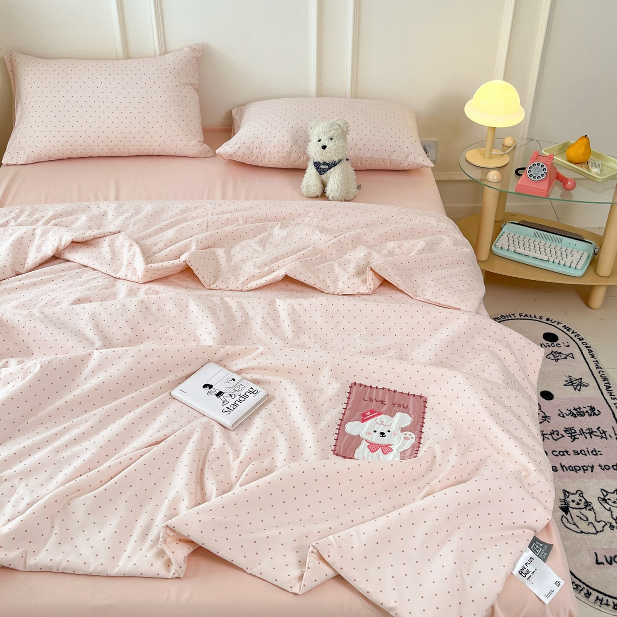 91家纺网 家纺一手货源 找家纺 一加一 2026春夏新款云小棉贴布绣花大豆夏凉被空调被夏被四件套 波点小狗