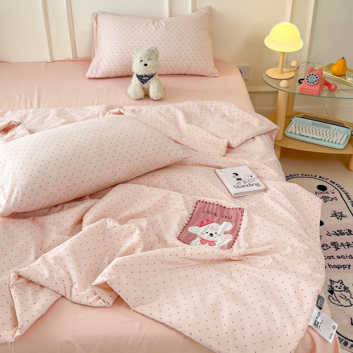 91家纺网 家纺一手货源 找家纺 一加一 2026春夏新款云小棉贴布绣花大豆夏凉被空调被夏被四件套 波点小狗