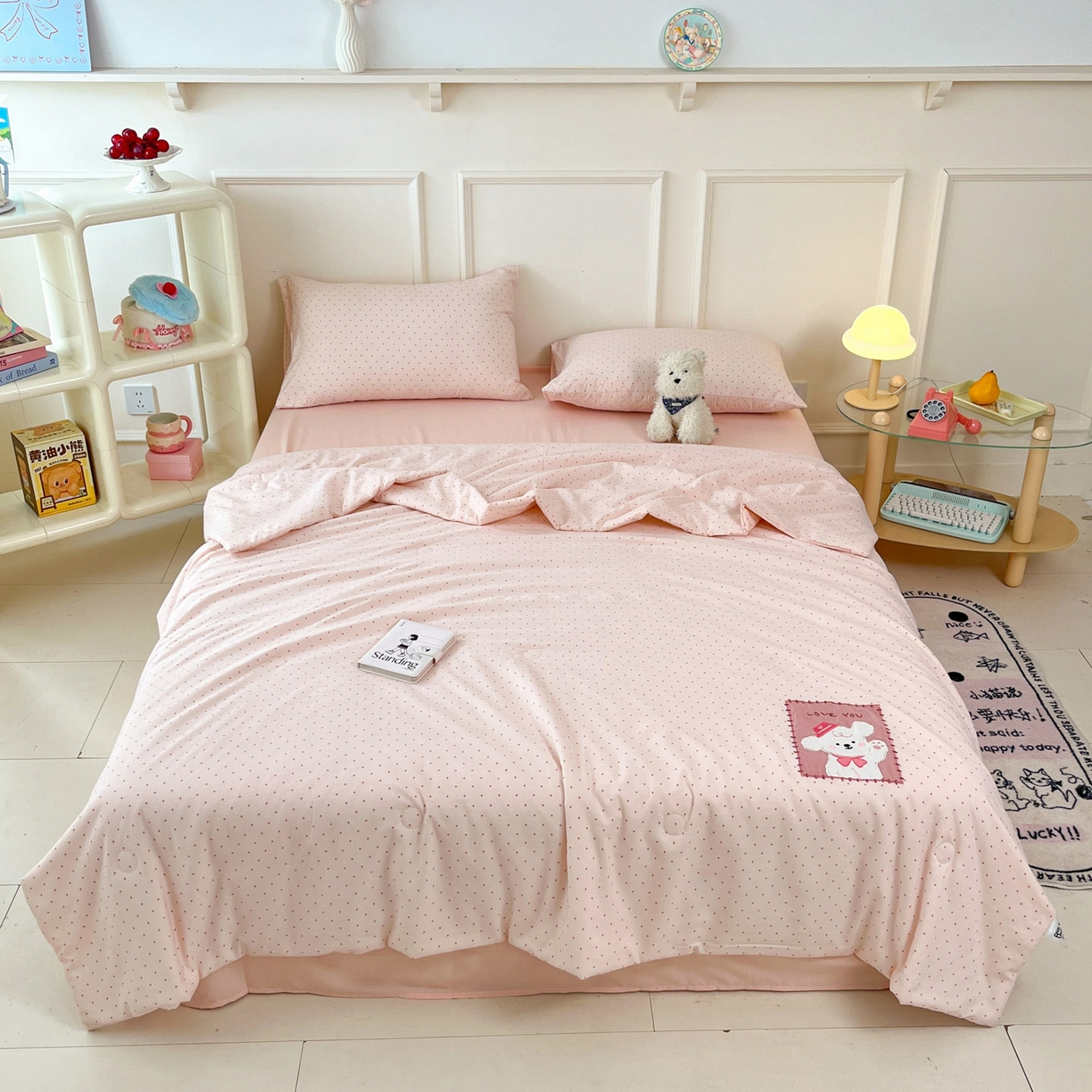 91家纺网 家纺一手货源 找家纺 一加一 2026春夏新款云小棉贴布绣花大豆夏凉被空调被夏被四件套 波点小狗