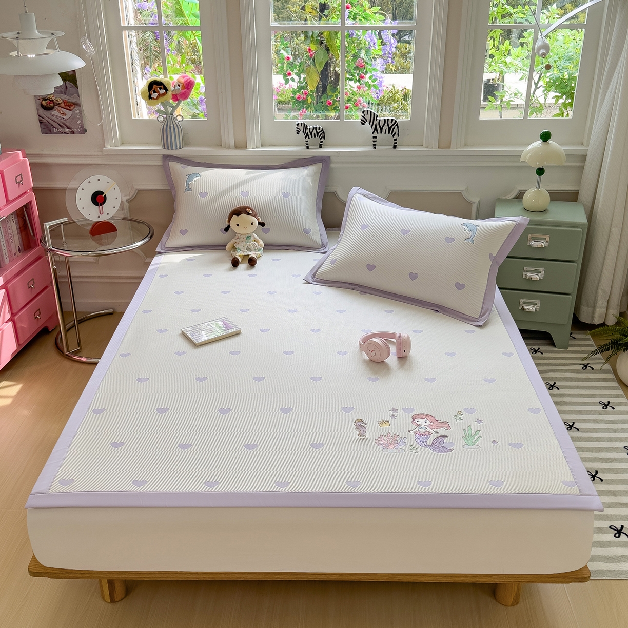 91家纺网 家纺一手货源 找家纺 眠多宝（绒多宝） 2026新款卡通网红风系列凉豆豆三件套 凉豆豆印加绣系列 A类凉豆豆床席床笠--床席款 美人鱼公主