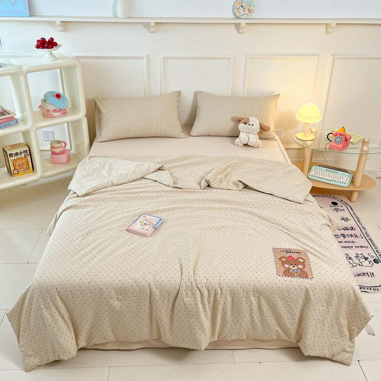 91家纺网 家纺一手货源 找家纺 一加一 2026春夏新款云小棉贴布绣花大豆夏凉被空调被夏被四件套 波点熊仔