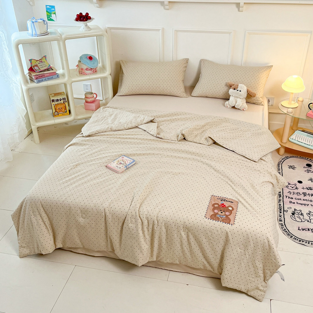 91家纺网 家纺一手货源 找家纺 一加一 2026春夏新款云小棉贴布绣花大豆夏凉被空调被夏被四件套 波点熊仔