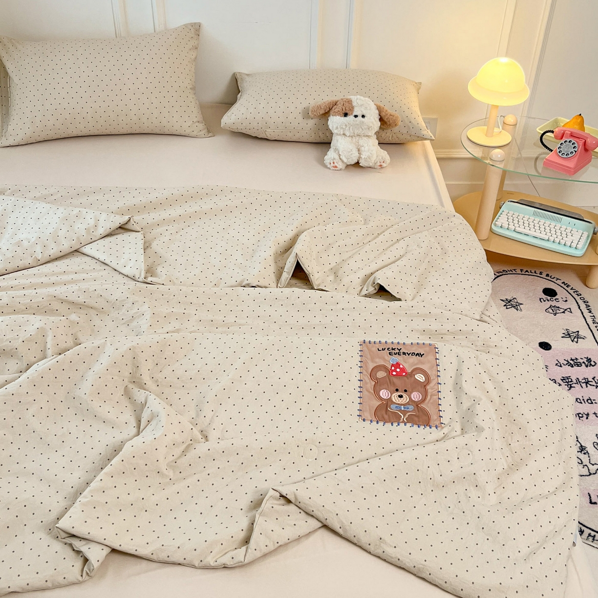 91家纺网 家纺一手货源 找家纺 一加一 2026春夏新款云小棉贴布绣花大豆夏凉被空调被夏被四件套 波点熊仔