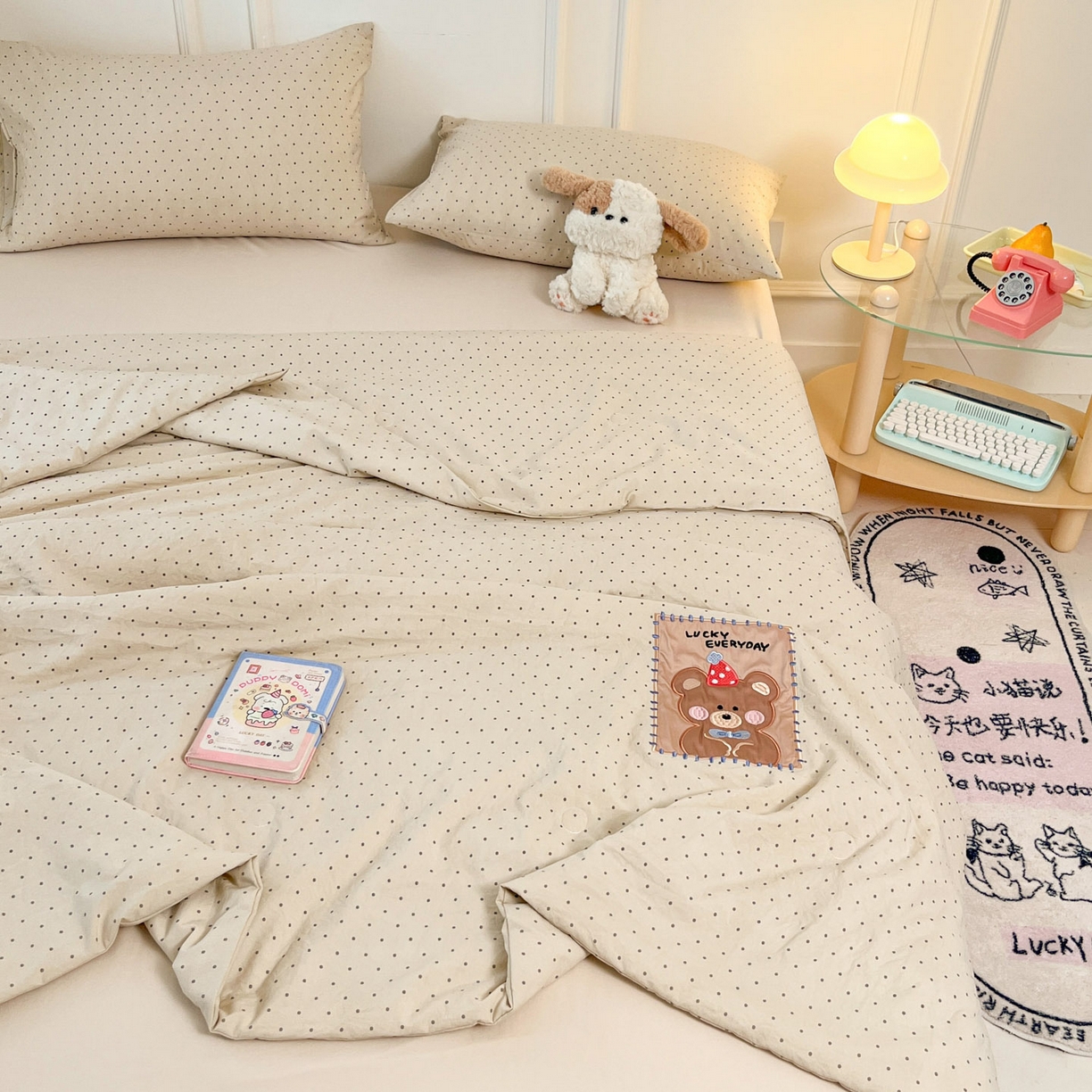 91家纺网 家纺一手货源 找家纺 一加一 2026春夏新款云小棉贴布绣花大豆夏凉被空调被夏被四件套 波点熊仔