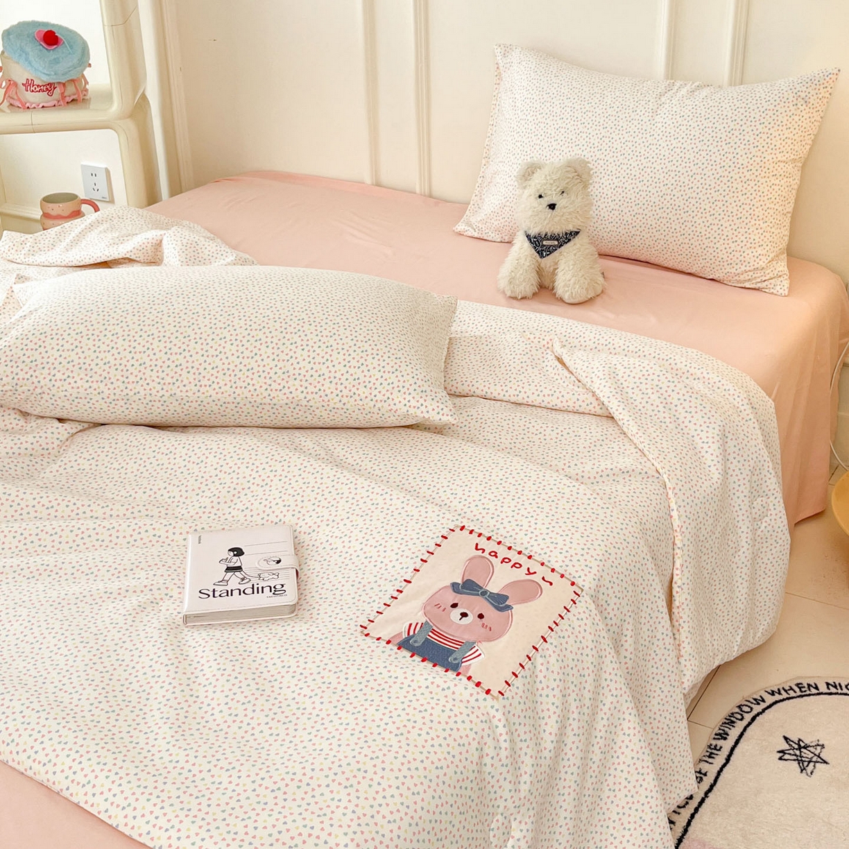 一加一 2026春夏新款云小棉贴布绣花大豆夏凉被空调被夏被四件套 蜜桃小兔