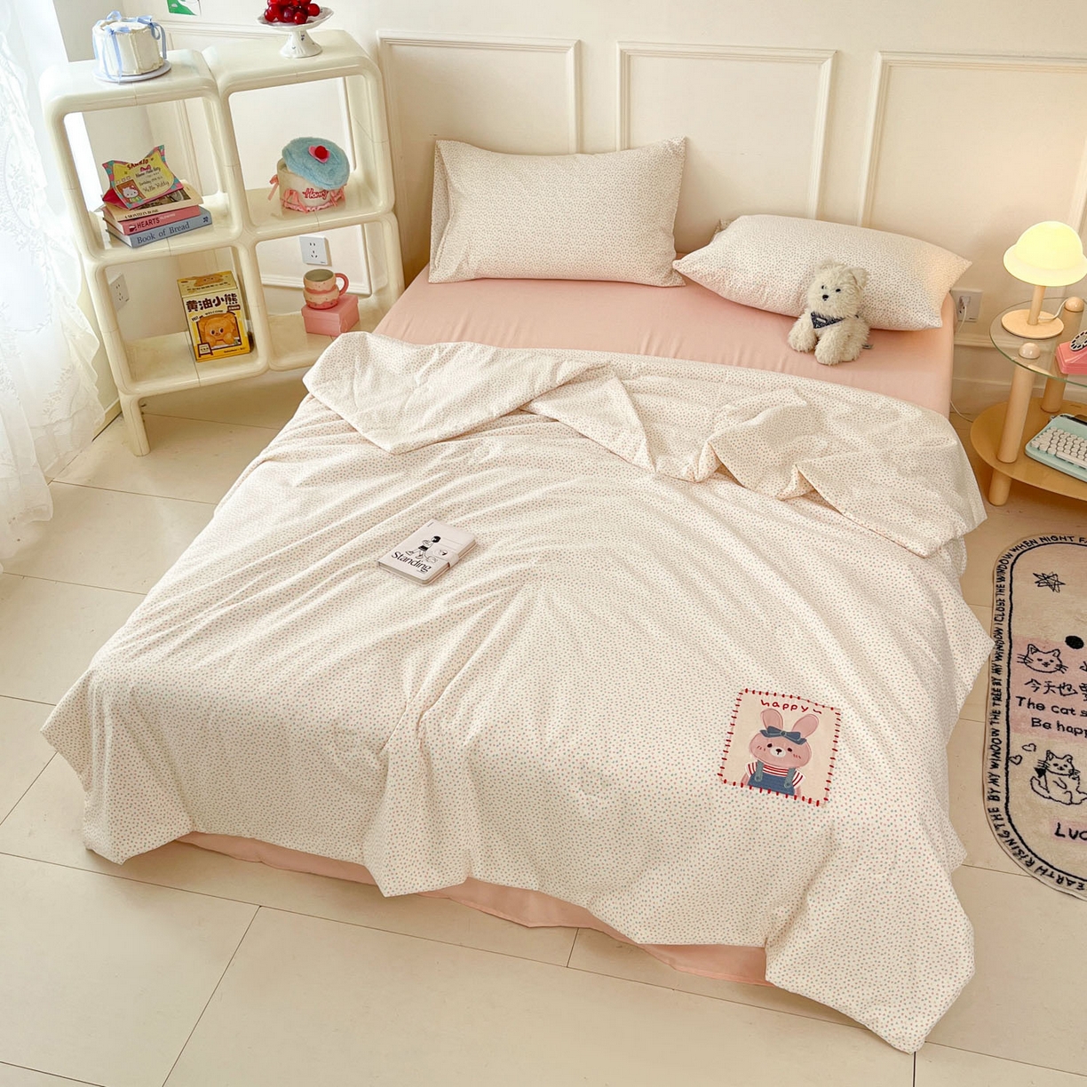 91家纺网 家纺一手货源 找家纺 一加一 2026春夏新款云小棉贴布绣花大豆夏凉被空调被夏被四件套 蜜桃小兔