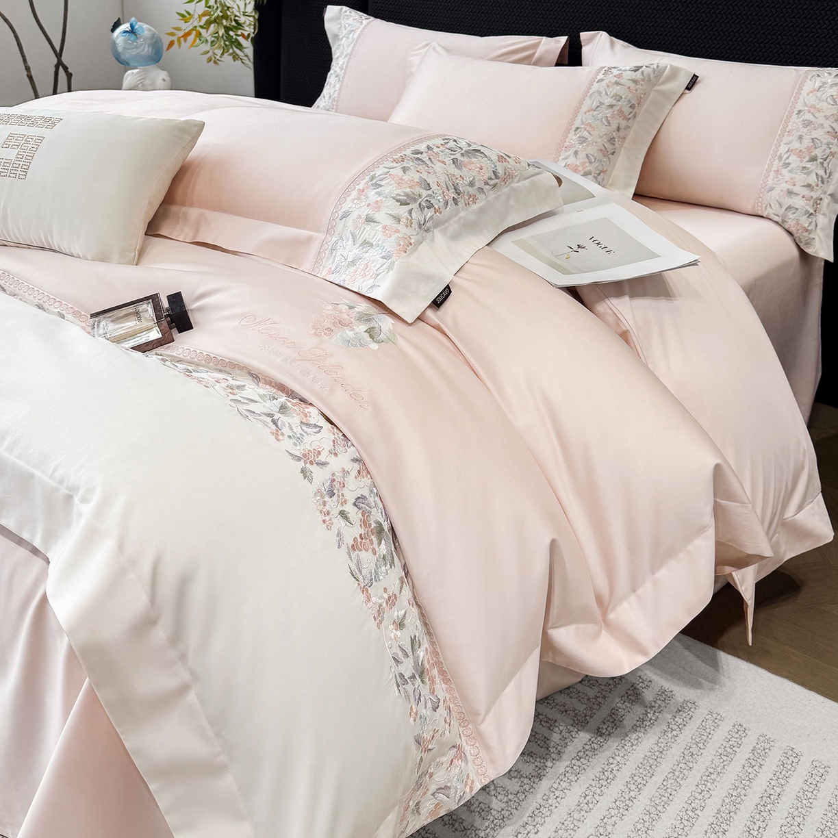 2026新品100支贡缎长绒棉纯棉四件套全棉重工刺绣被套床单床笠新品四季款轻奢风 琉璃花语-颜粉