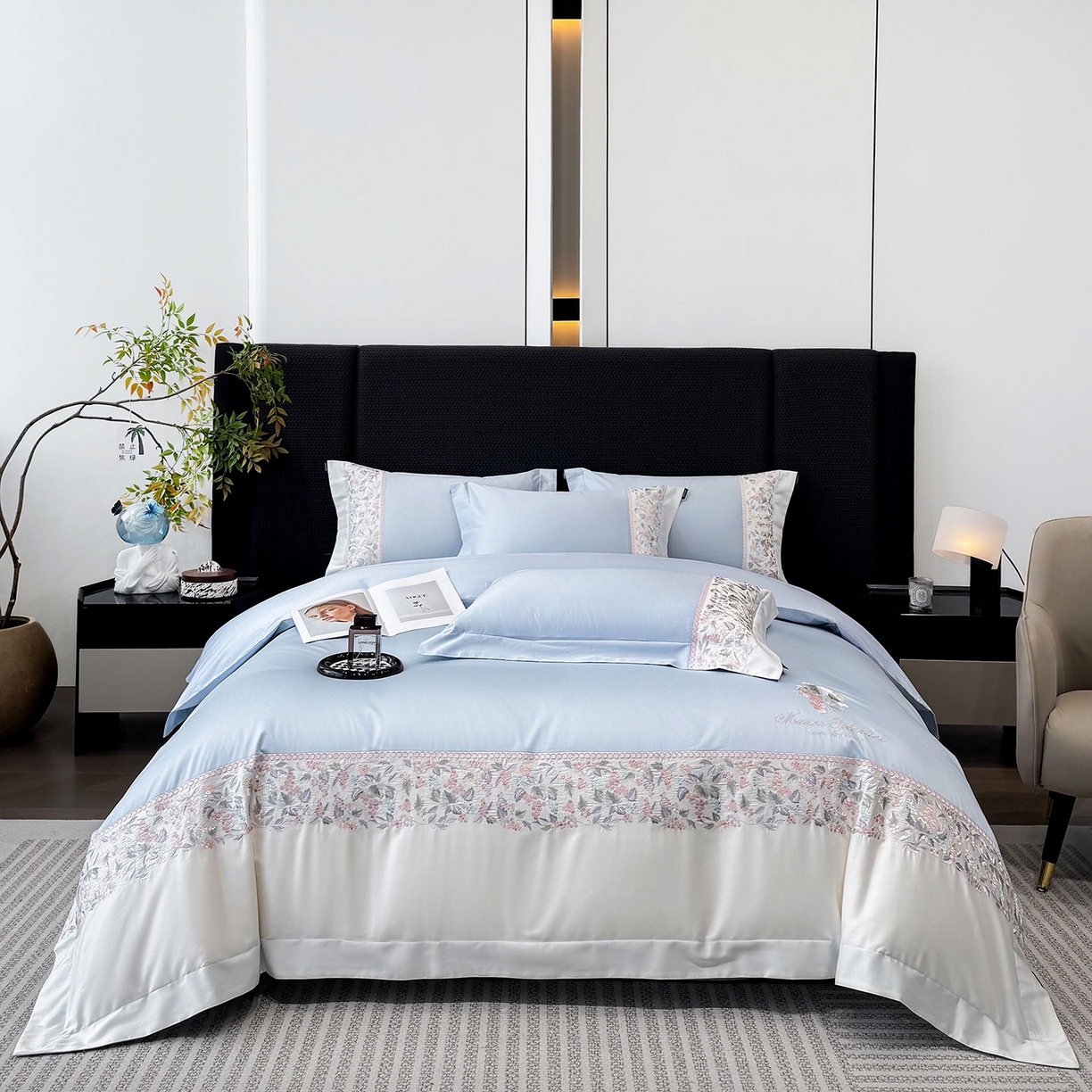 91家纺网 家纺一手货源 找家纺 2026新品100支贡缎长绒棉纯棉四件套全棉重工刺绣被套床单床笠新品四季款轻奢风 琉璃花语-慕蓝