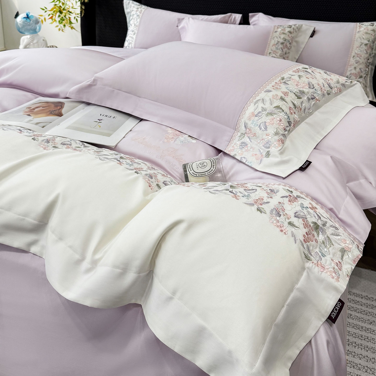 91家纺网 家纺一手货源 找家纺 2026新品100支贡缎长绒棉纯棉四件套全棉重工刺绣被套床单床笠新品四季款轻奢风 琉璃花语-黛紫