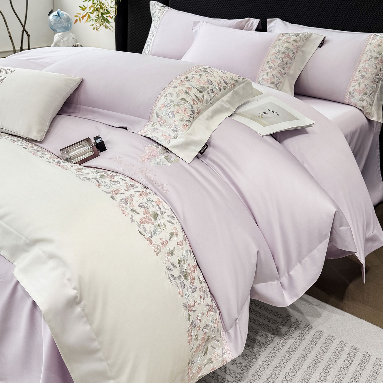 2026新品100支贡缎长绒棉纯棉四件套全棉重工刺绣被套床单床笠新品四季款轻奢风 琉璃花语-黛紫