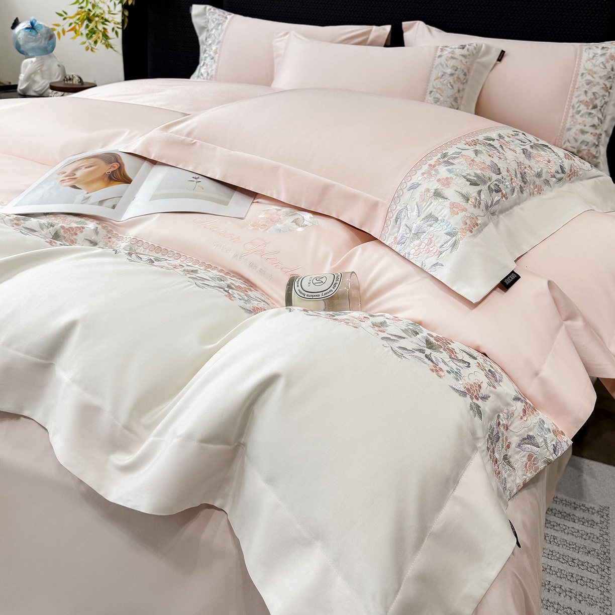 91家纺网 家纺一手货源 找家纺 2026新品100支贡缎长绒棉纯棉四件套全棉重工刺绣被套床单床笠新品四季款轻奢风 琉璃花语-颜粉