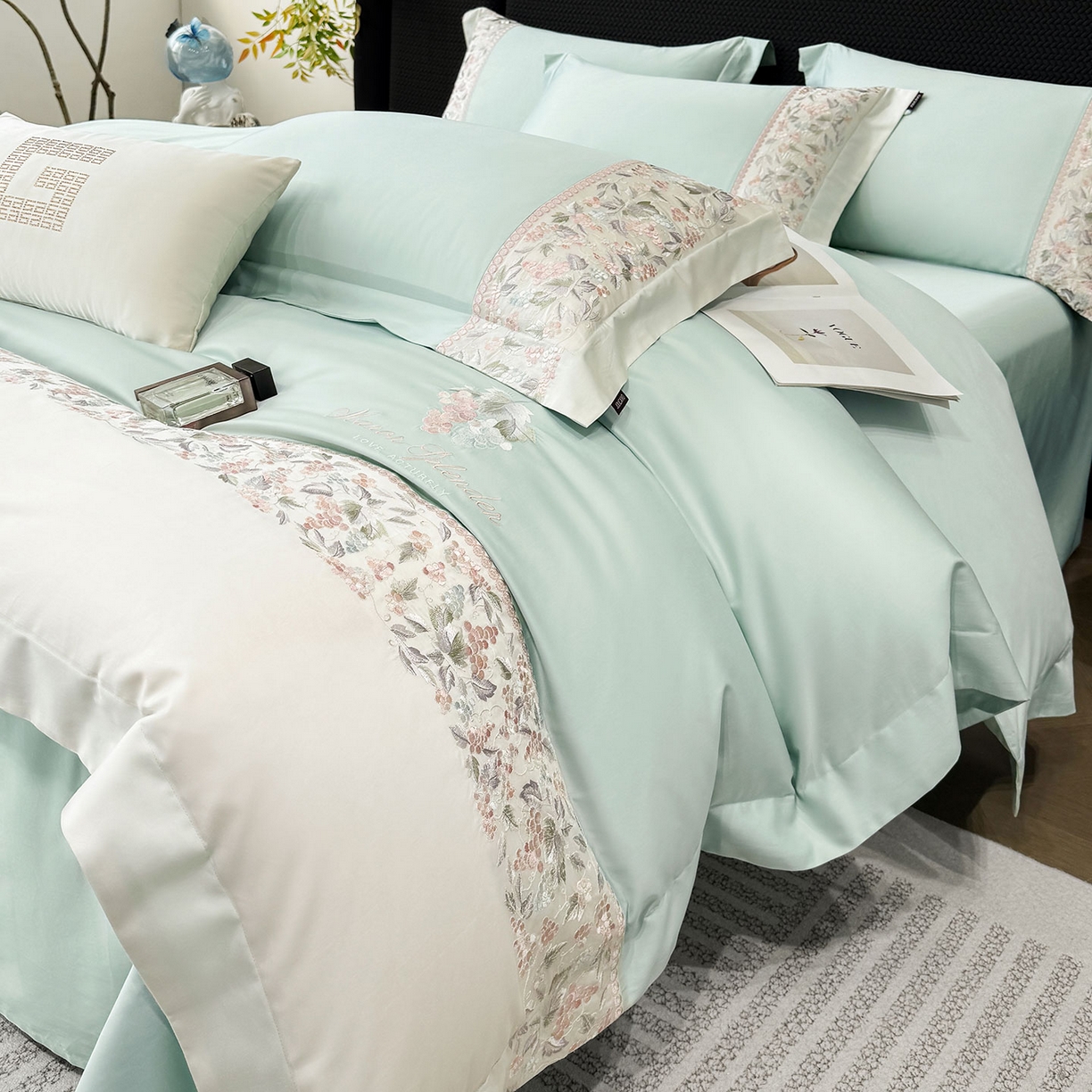 2026新品100支贡缎长绒棉纯棉四件套全棉重工刺绣被套床单床笠新品四季款轻奢风 琉璃花语-茶绿