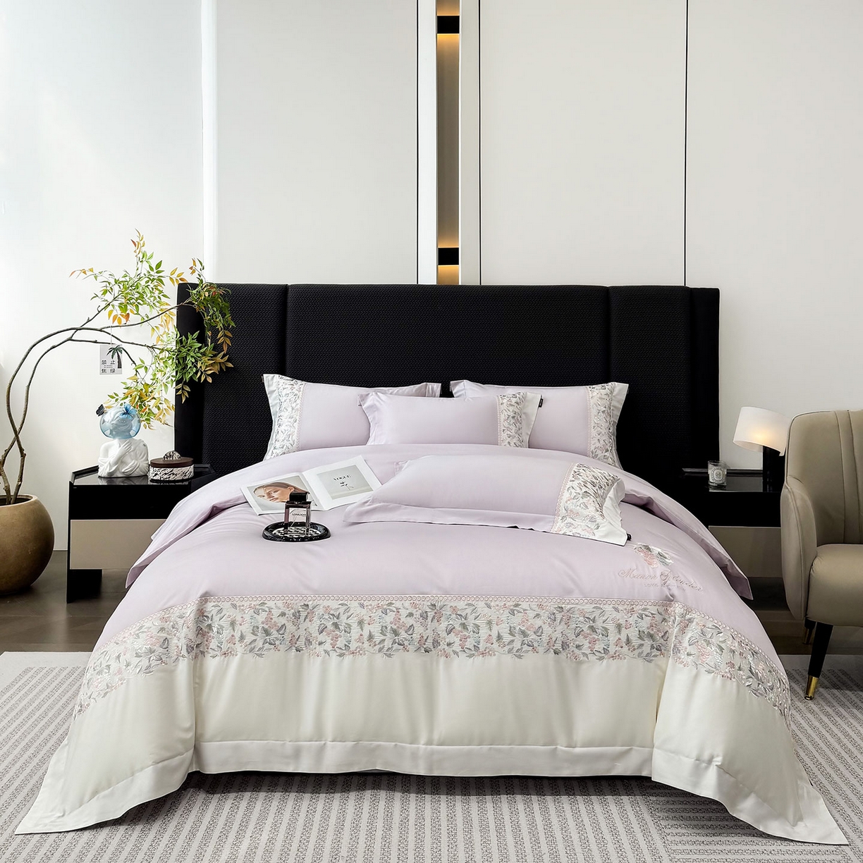 91家纺网 家纺一手货源 找家纺 2026新品100支贡缎长绒棉纯棉四件套全棉重工刺绣被套床单床笠新品四季款轻奢风 琉璃花语-黛紫