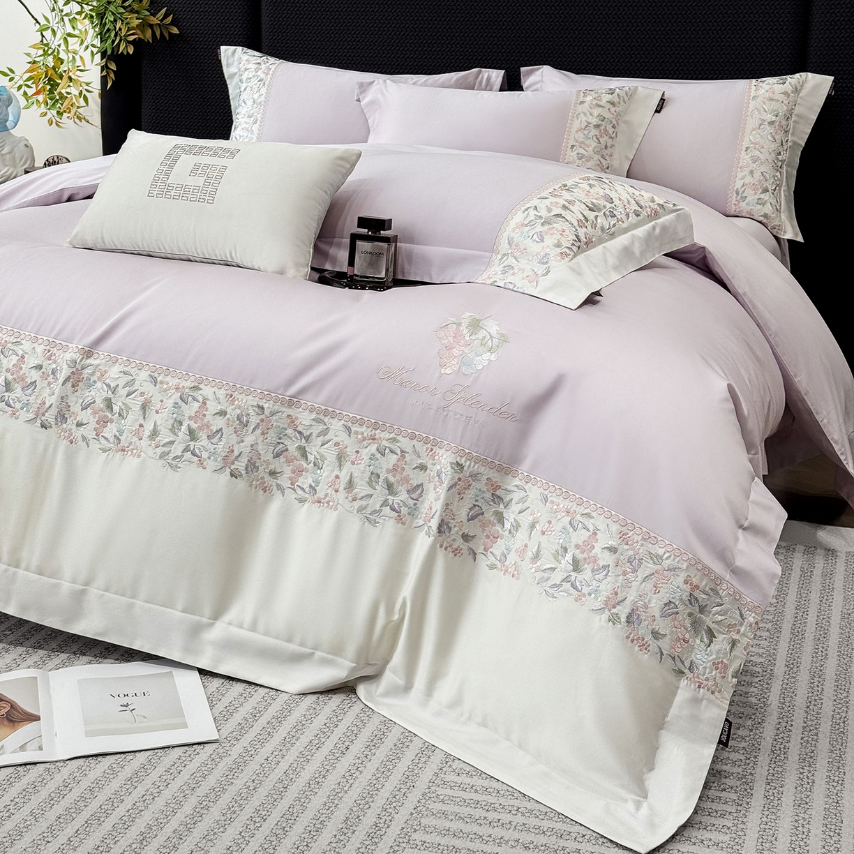 91家纺网 家纺一手货源 找家纺 2026新品100支贡缎长绒棉纯棉四件套全棉重工刺绣被套床单床笠新品四季款轻奢风 琉璃花语-黛紫