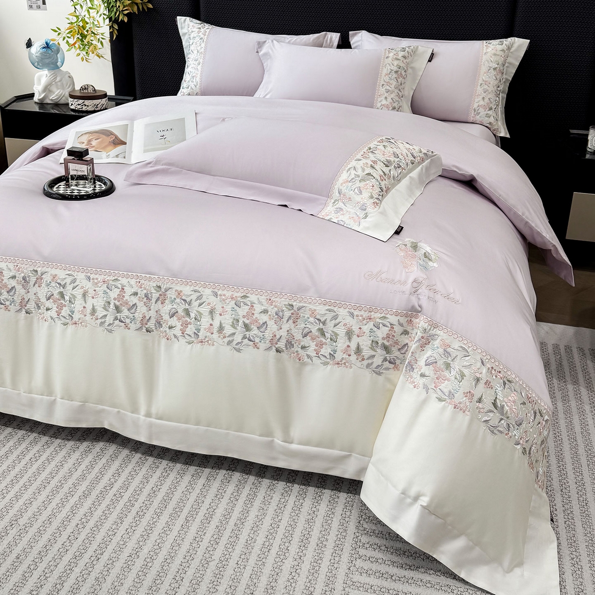 91家纺网 家纺一手货源 找家纺 2026新品100支贡缎长绒棉纯棉四件套全棉重工刺绣被套床单床笠新品四季款轻奢风 琉璃花语-黛紫