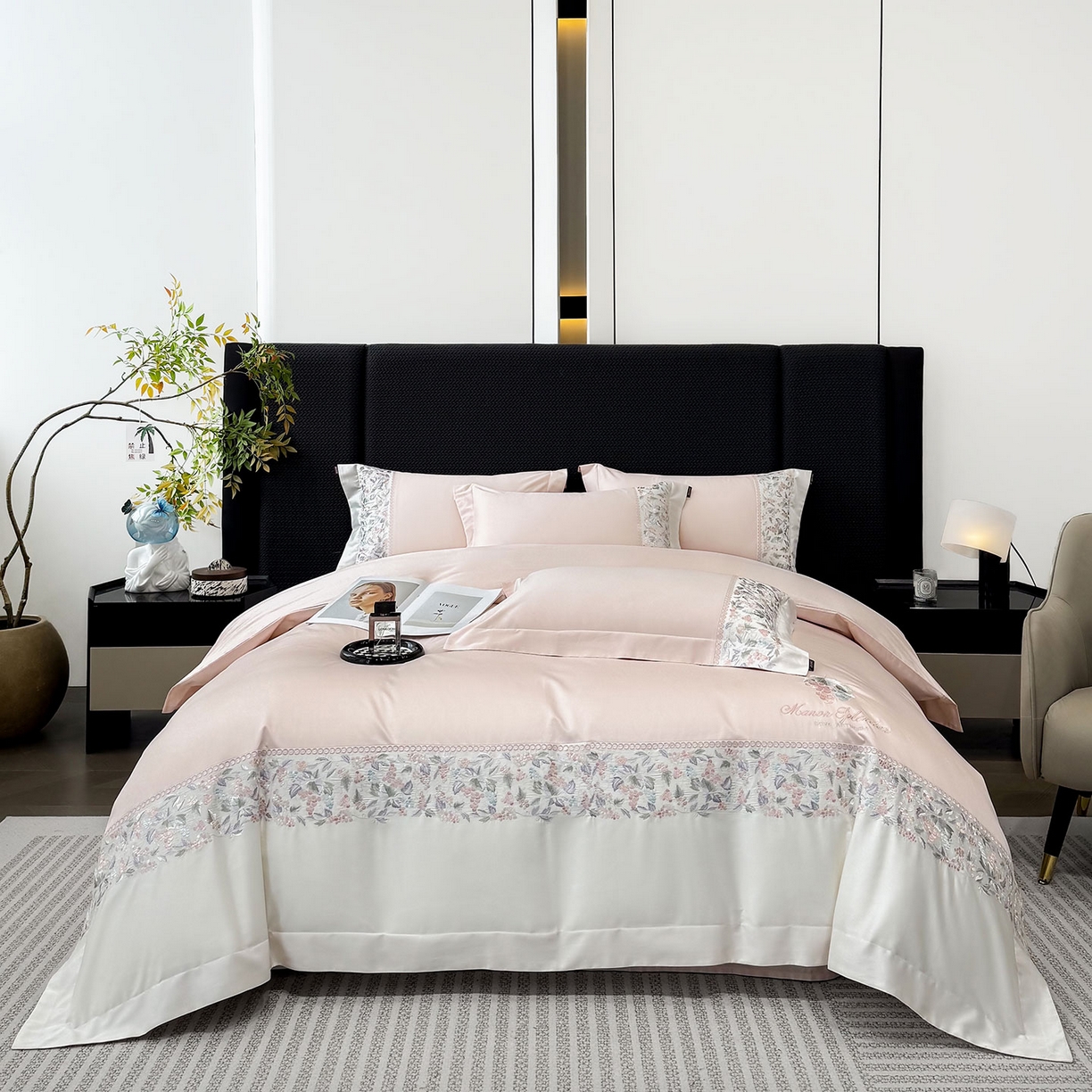 91家纺网 家纺一手货源 找家纺 2026新品100支贡缎长绒棉纯棉四件套全棉重工刺绣被套床单床笠新品四季款轻奢风 琉璃花语-颜粉