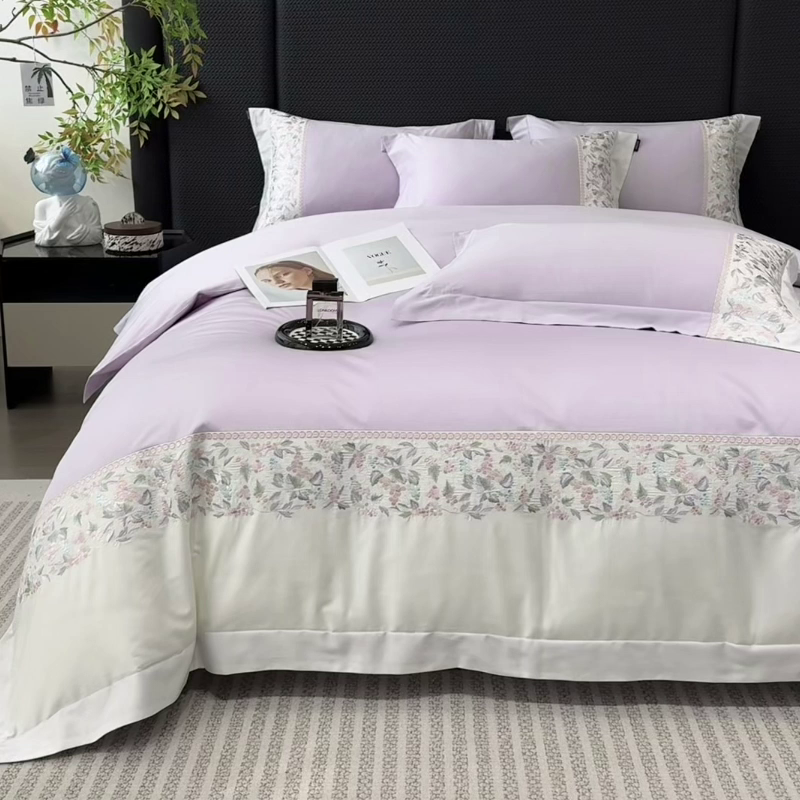 91家纺网 家纺一手货源 找家纺 2026新品100支贡缎长绒棉纯棉四件套全棉重工刺绣被套床单床笠新品四季款轻奢风 琉璃花语-黛紫