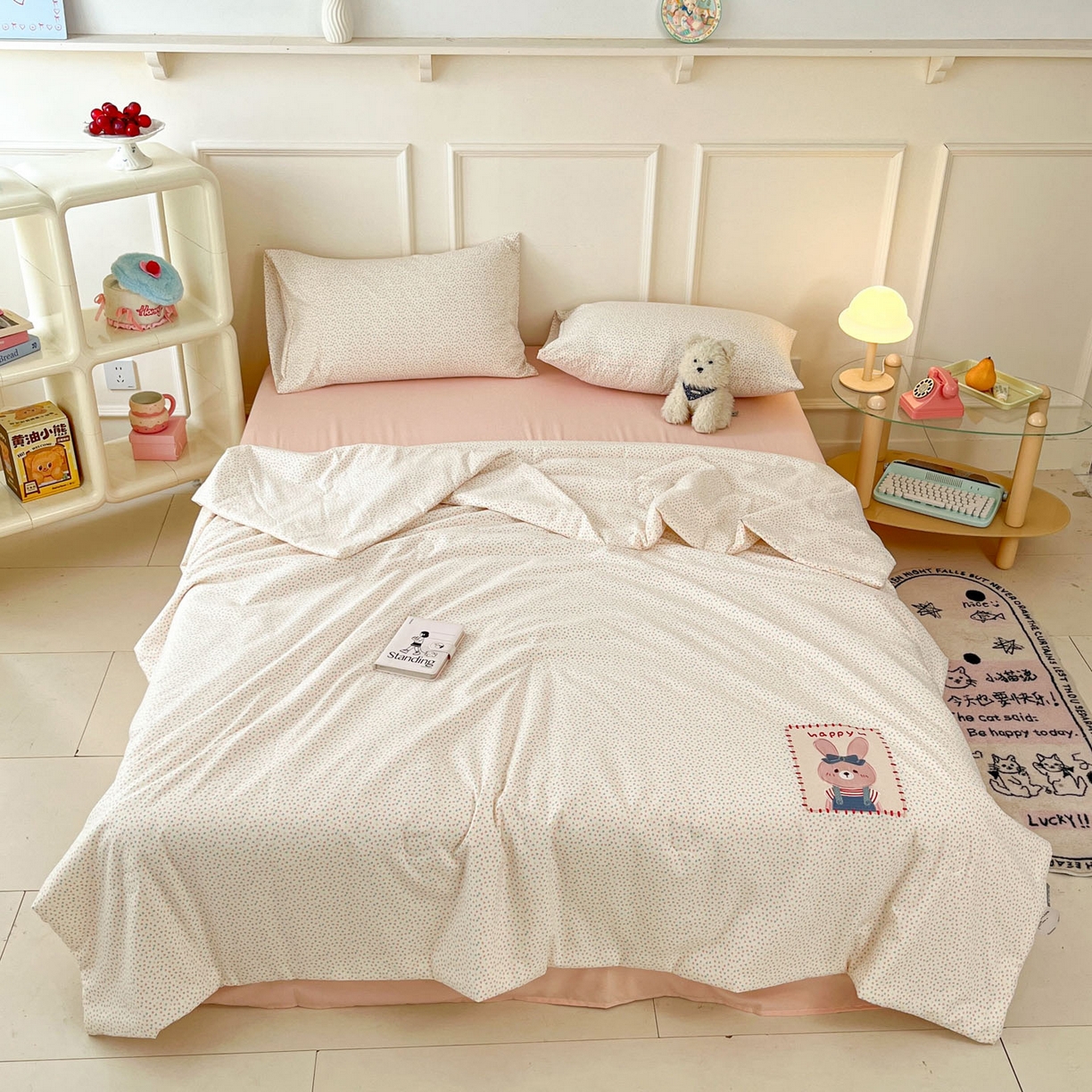 91家纺网 家纺一手货源 找家纺 一加一 2026春夏新款云小棉贴布绣花大豆夏凉被空调被夏被四件套 蜜桃小兔