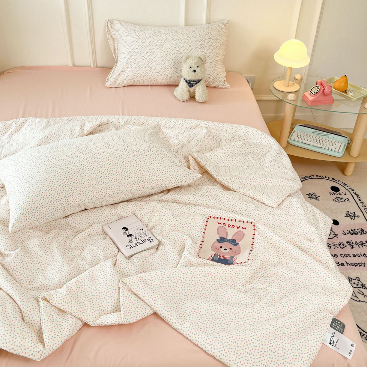 91家纺网 家纺一手货源 找家纺 一加一 2026春夏新款云小棉贴布绣花大豆夏凉被空调被夏被四件套 蜜桃小兔