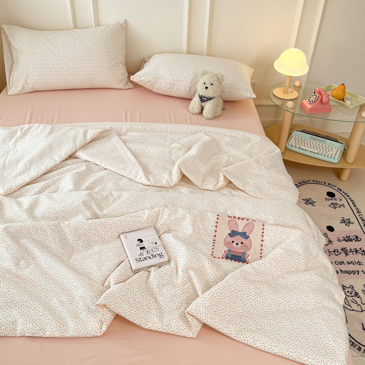 91家纺网 家纺一手货源 找家纺 一加一 2026春夏新款云小棉贴布绣花大豆夏凉被空调被夏被四件套 蜜桃小兔