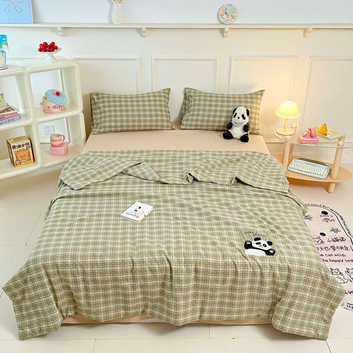 91家纺网 家纺一手货源 找家纺 一加一 2026春夏新款云小棉贴布绣花大豆夏凉被空调被夏被四件套 抹茶熊猫