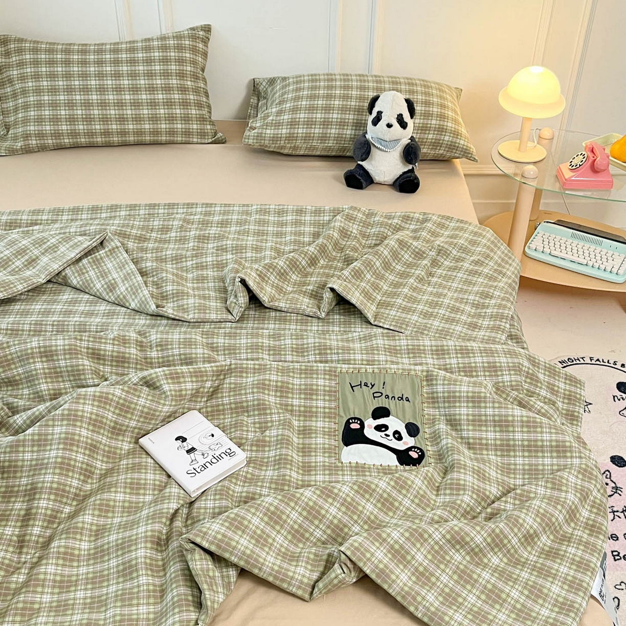 91家纺网 家纺一手货源 找家纺 一加一 2026春夏新款云小棉贴布绣花大豆夏凉被空调被夏被四件套 抹茶熊猫