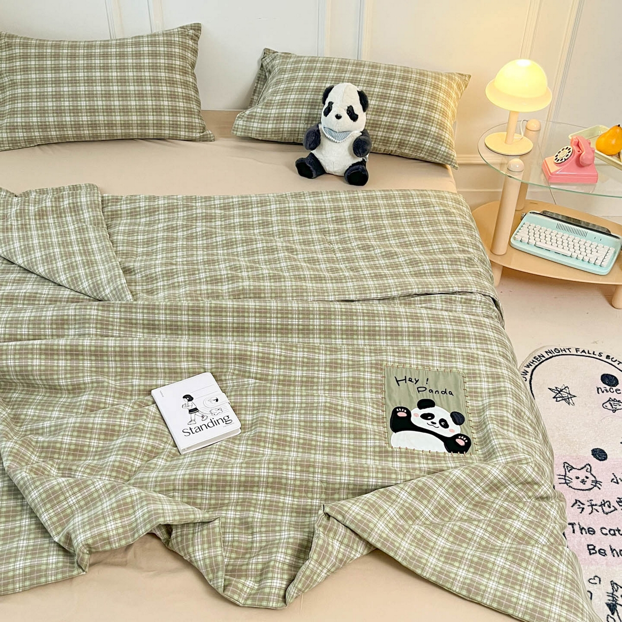 91家纺网 家纺一手货源 找家纺 一加一 2026春夏新款云小棉贴布绣花大豆夏凉被空调被夏被四件套 抹茶熊猫