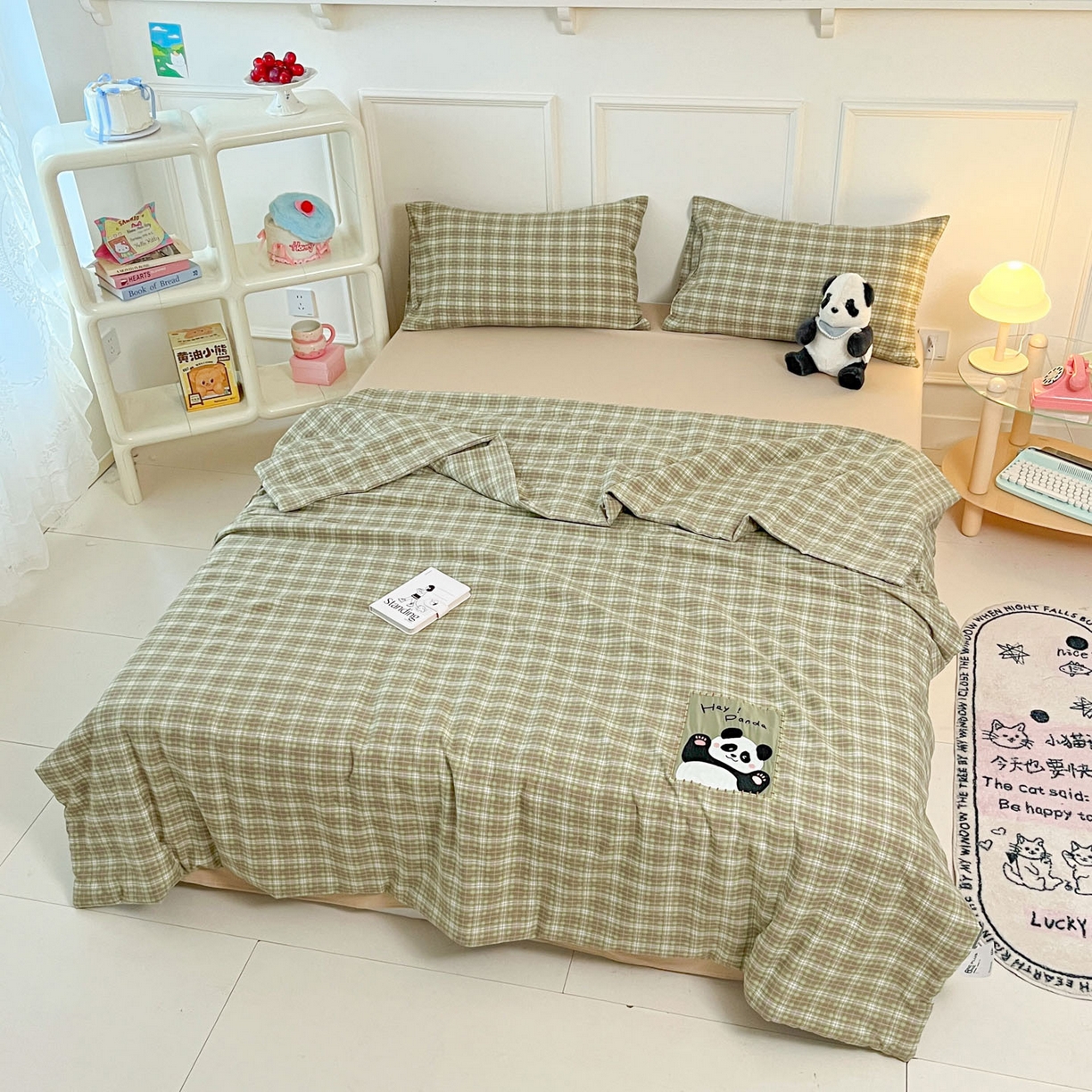 91家纺网 家纺一手货源 找家纺 一加一 2026春夏新款云小棉贴布绣花大豆夏凉被空调被夏被四件套 抹茶熊猫