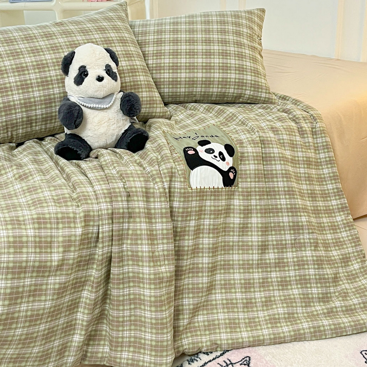 91家纺网 家纺一手货源 找家纺 一加一 2026春夏新款云小棉贴布绣花大豆夏凉被空调被夏被四件套 抹茶熊猫