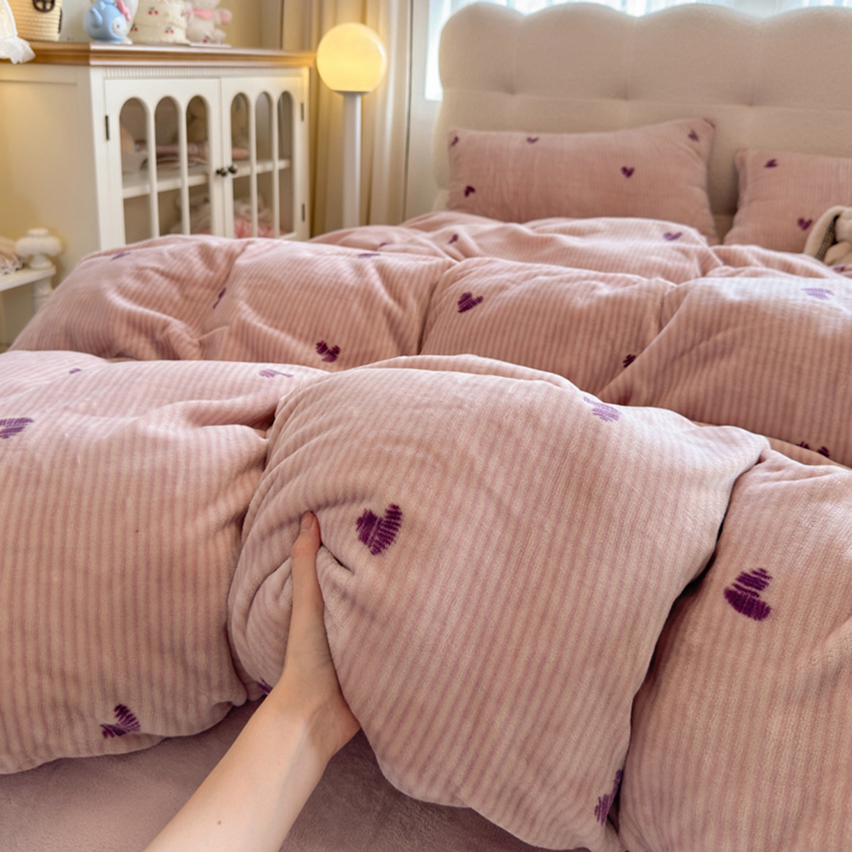 欧妮家纺 2025新款A类牛奶绒印花单被套-单件被套 条纹爱心