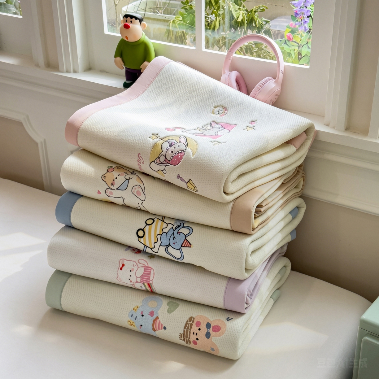 91家纺网 家纺一手货源 找家纺 眠多宝（绒多宝） 2026新款卡通网红风系列凉豆豆三件套 凉豆豆印加绣系列 A类凉豆豆床席床笠--床席款 组合图