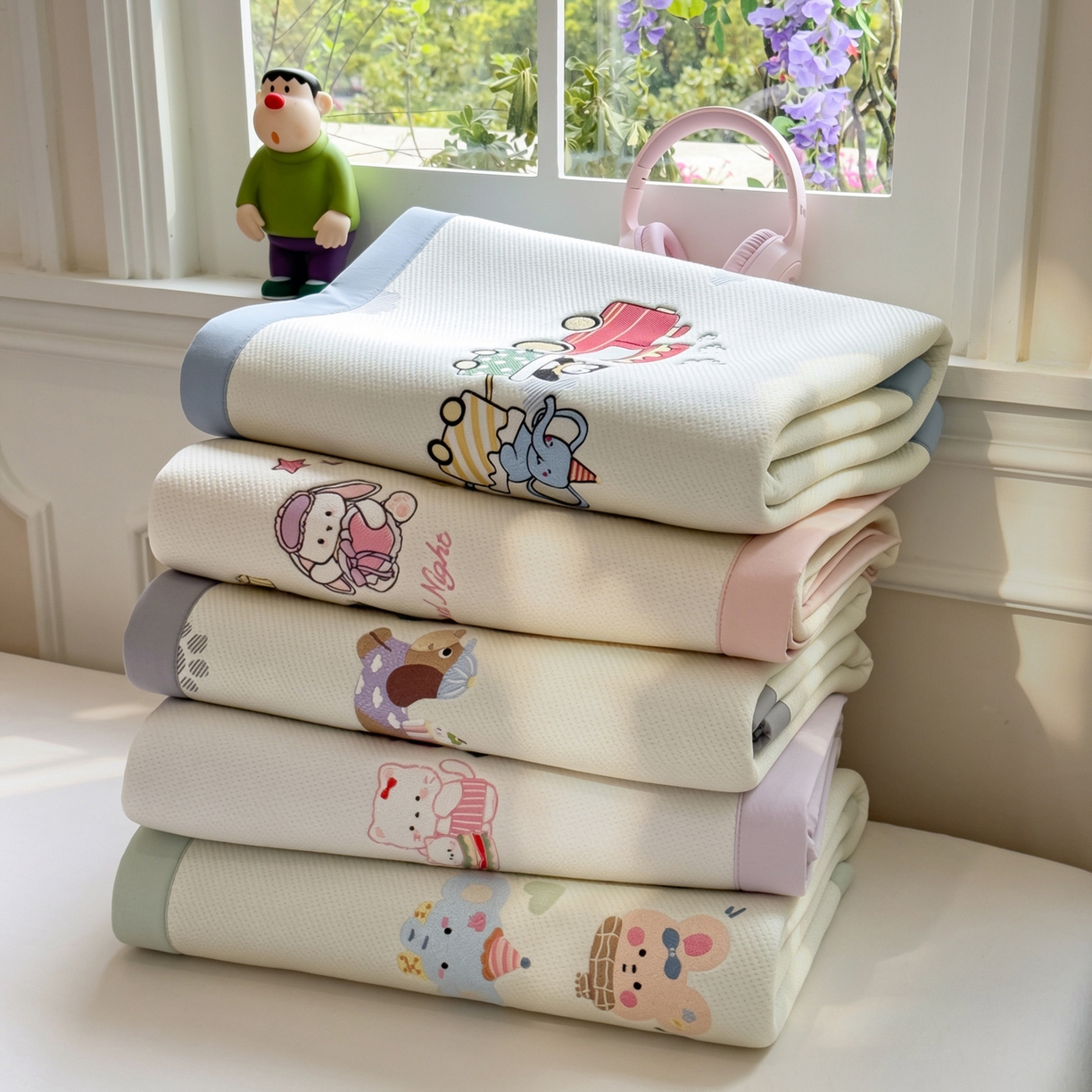 91家纺网 家纺一手货源 找家纺 眠多宝（绒多宝） 2026新款卡通网红风系列凉豆豆三件套 凉豆豆印加绣系列 A类凉豆豆床席床笠--床席款 组合图