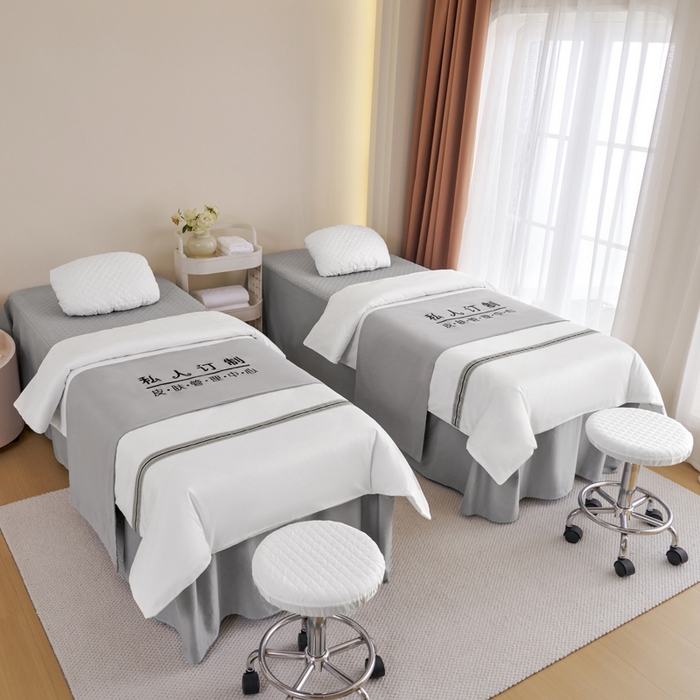 乐逸家纺 2026新款13372高支高密纯棉斜纹丝滑花边款专用床罩套件 全棉花边白拼灰