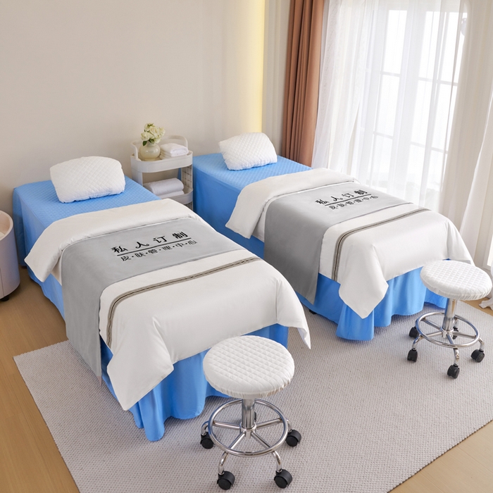 乐逸家纺 2026新款13372高支高密纯棉斜纹丝滑花边款专用床罩套件 全棉花边白拼蓝