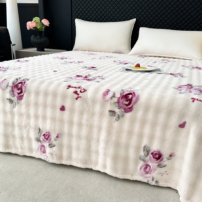 91家纺网 家纺一手货源 找家纺 欧妮家纺 2025新款亲肤舒适泡泡绒毛毯 玫瑰情缘