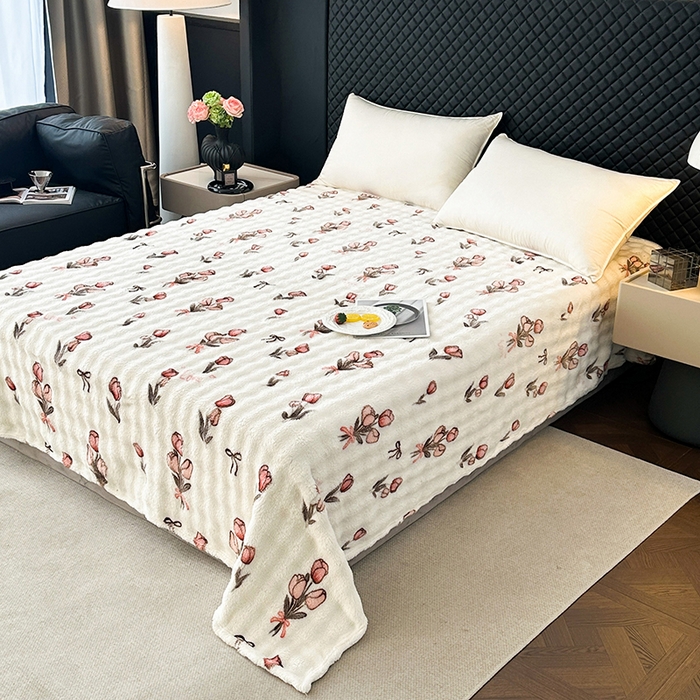 91家纺网 家纺一手货源 找家纺 欧妮家纺 2025新款亲肤舒适泡泡绒毛毯 郁金香