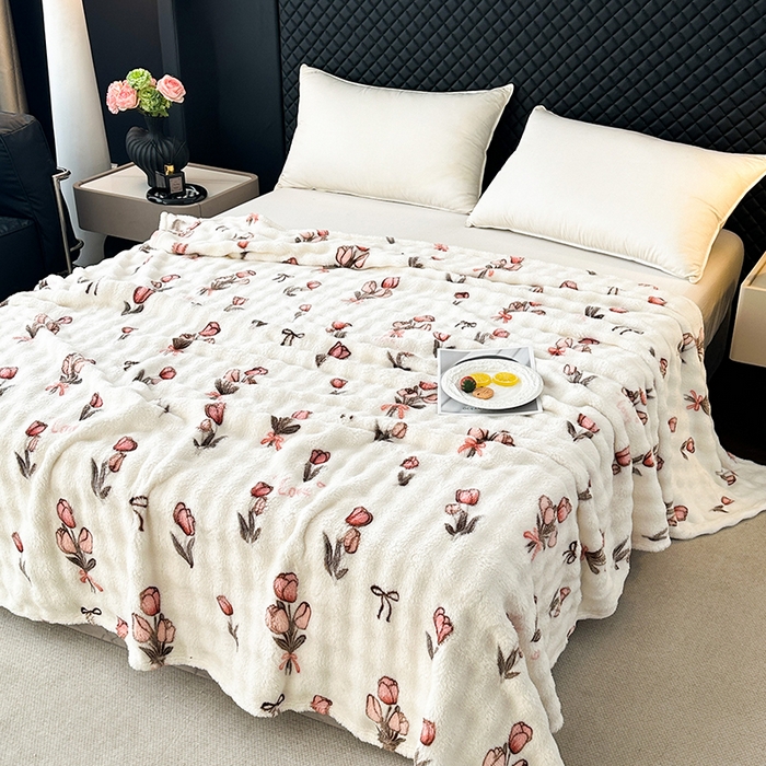 91家纺网 家纺一手货源 找家纺 欧妮家纺 2025新款亲肤舒适泡泡绒毛毯 郁金香