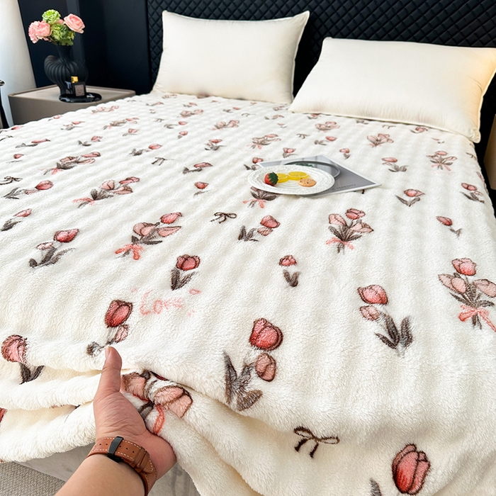 欧妮家纺 2025新款亲肤舒适泡泡绒毛毯 郁金香