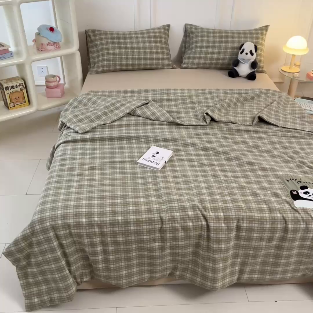 91家纺网 家纺一手货源 找家纺 一加一 2026春夏新款云小棉贴布绣花大豆夏凉被空调被夏被四件套 抹茶熊猫