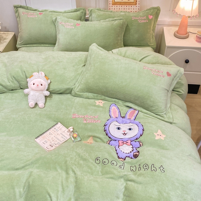 欧妮家纺 2025新款牛奶绒贴布绣四件套 小兔-绿