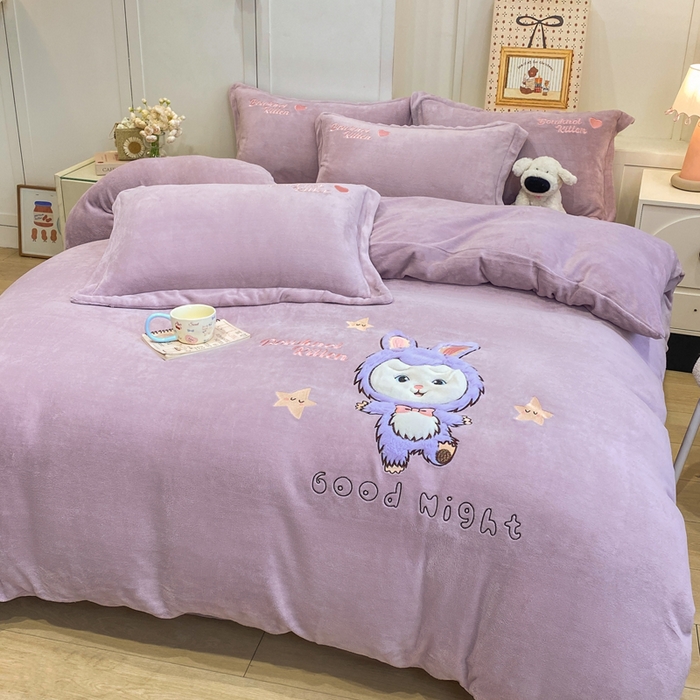 91家纺网 家纺一手货源 找家纺 欧妮家纺 2025新款牛奶绒贴布绣四件套 小兔-紫