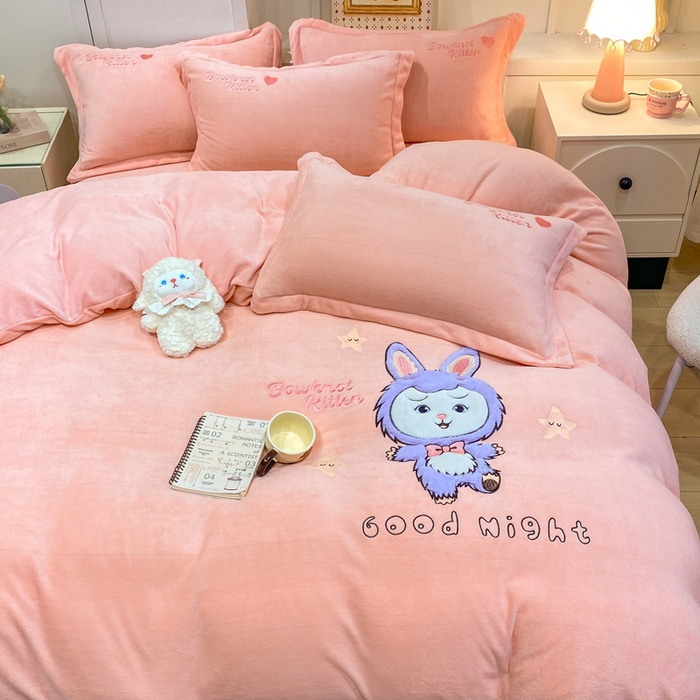 欧妮家纺 2025新款牛奶绒贴布绣四件套 小兔-粉