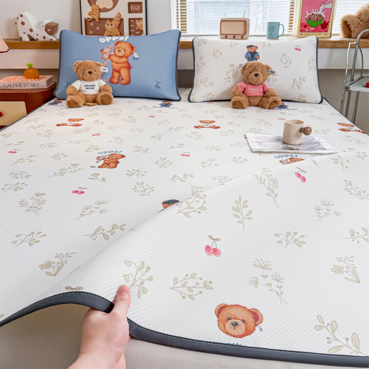 源舍家纺 2026新款泰迪爱兰系列（正版授权）A类三明治复合印花斜纹豆豆软凉席床笠款 床席款-泰迪樱桃