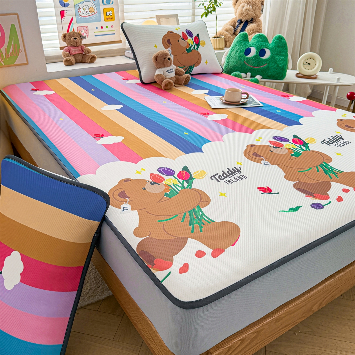 源舍家纺 2026新款泰迪爱兰系列（正版授权）A类三明治复合印花斜纹豆豆软凉席床笠款 床笠款-泰迪彩虹