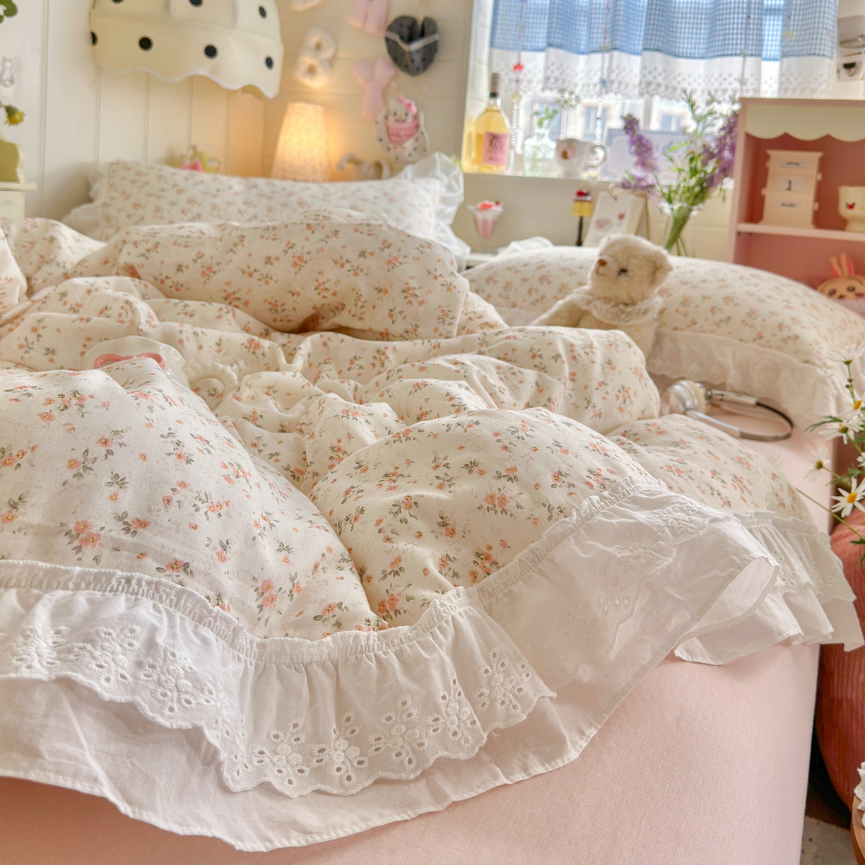 91家纺网 家纺一手货源 找家纺 （总）锦彩家居 2026新款A类全棉纯棉双层纱韩式花边小清新三件套四件套INS小红书-月下花町系列（提供买家秀）