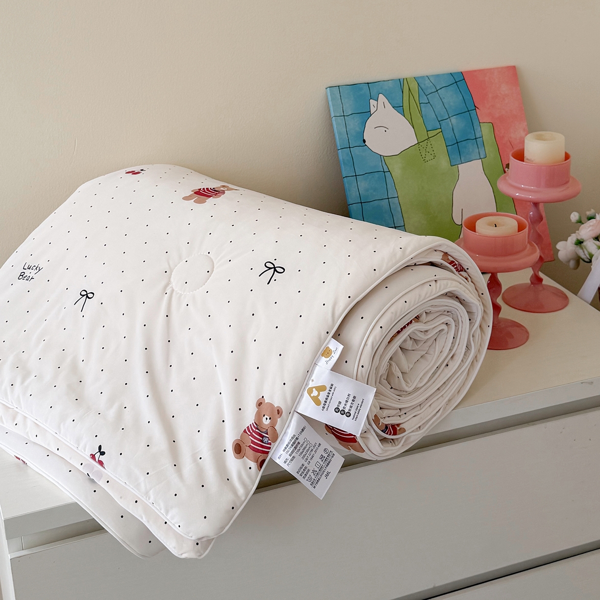 91家纺网 家纺一手货源 找家纺 金梦拉家纺 2026春夏新款锦氨凉感丝印花系列夏被空调被夏凉被 波点小熊