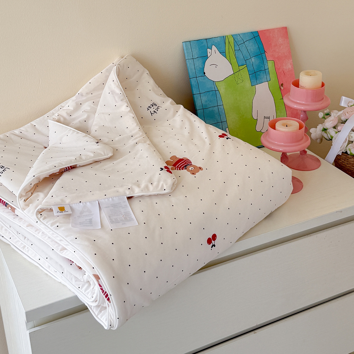 91家纺网 家纺一手货源 找家纺 金梦拉家纺 2026春夏新款锦氨凉感丝印花系列夏被空调被夏凉被 波点小熊