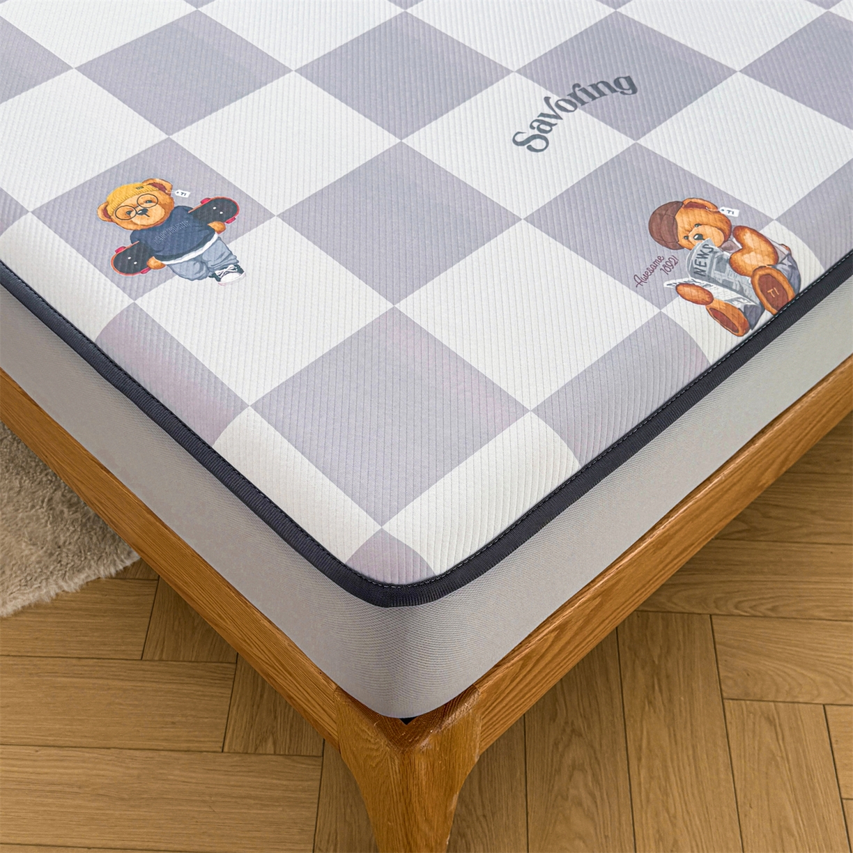 91家纺网 家纺一手货源 找家纺 源舍家纺 2026新款泰迪爱兰系列（正版授权）A类三明治复合印花斜纹豆豆软凉席床笠款 床笠款-泰迪灰格