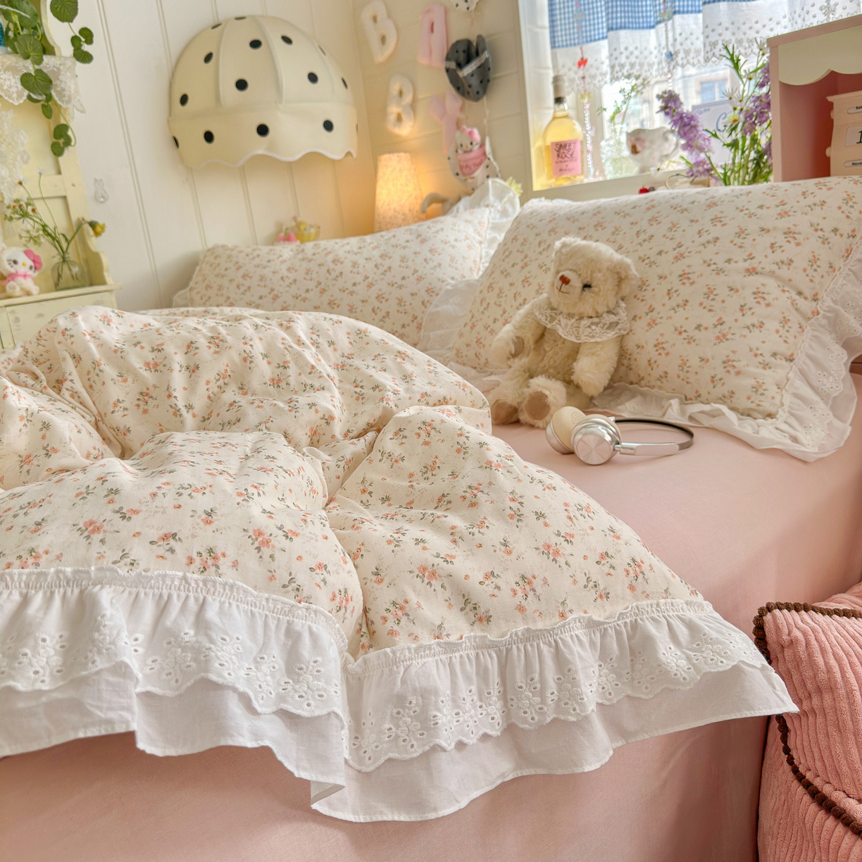 91家纺网 家纺一手货源 找家纺 （总）锦彩家居 2026新款A类全棉纯棉双层纱韩式花边小清新三件套四件套INS小红书-月下花町系列（提供买家秀）